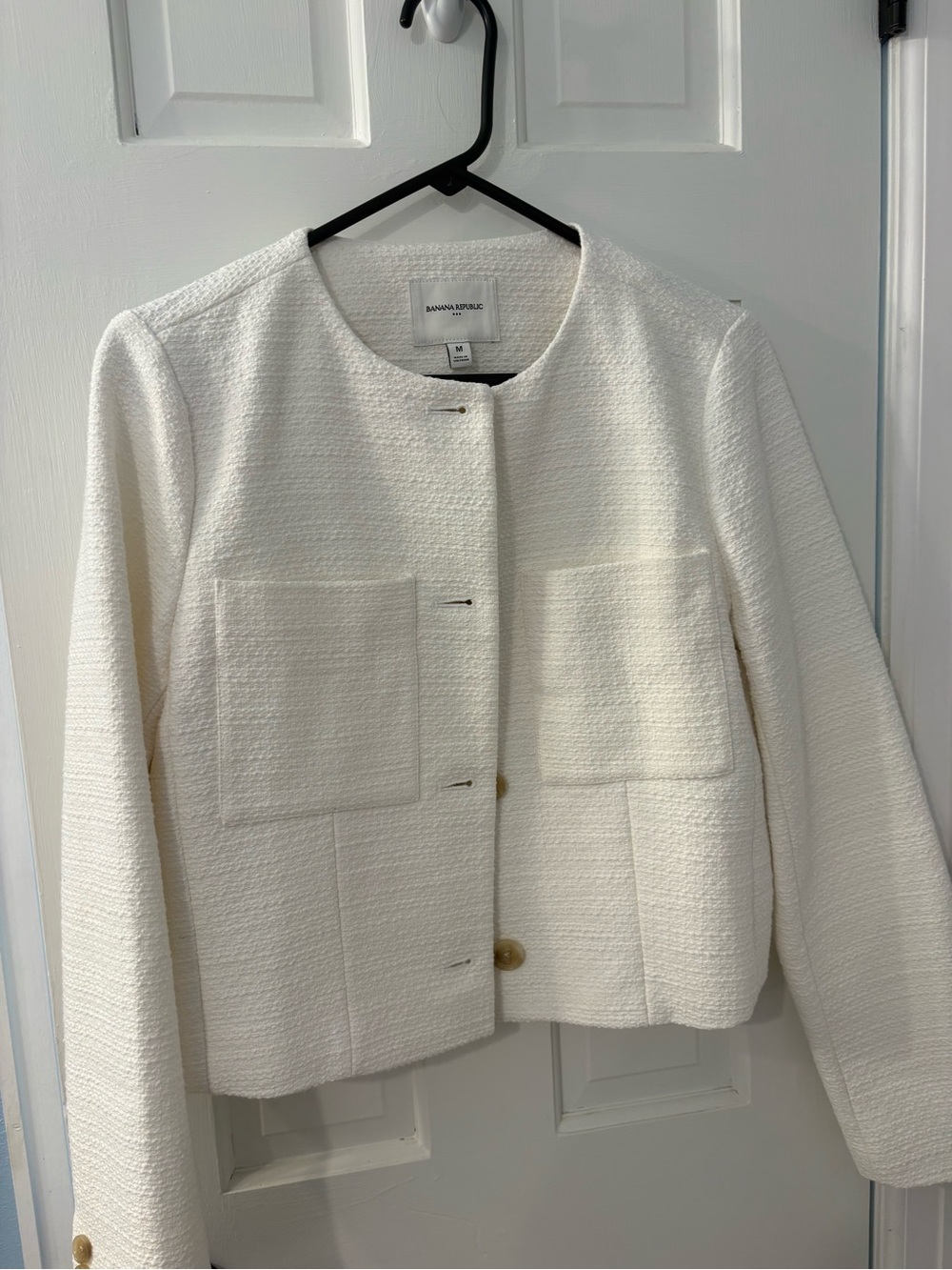 Banana Republic Cream Textured Collarless Blazer with Patch Pockets